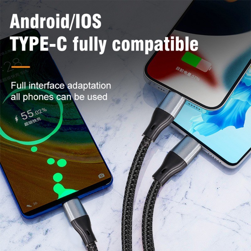 3 in 1 100W 6A Type C สายชาร์จเร็วสุด - 1.2 ม. พอร์ต Usb หลายตัวไนลอนถักสายเคเบิลข้อมูลสากล