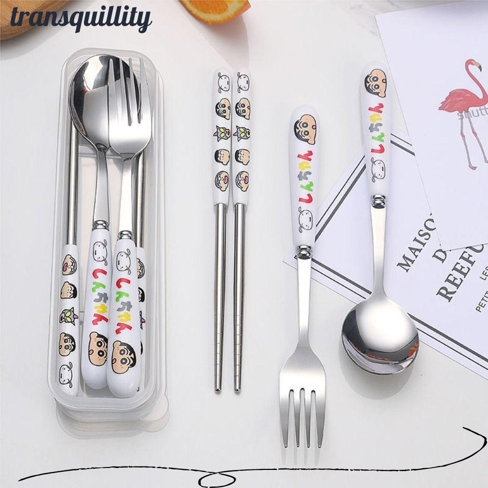 Transquillity 1/3/4 ชิ้นช้อนสแตนเลส,ความเรียบง่ายแบบพกพาเครยอนชินจังชุดช้อนส้อม,การ์ตูนส้อมและตะเกียบ
