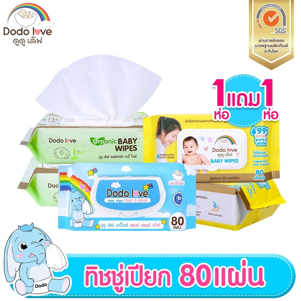 [1แถม1] ทิชชู่เปียก Baby Wipes ผ้าเช็ดทำความสะอาดสำหรับเด็ก ออร์แกนิค ห่อใหญ่ 80 แผ่น