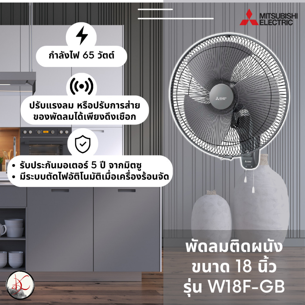 พัดลมติดบ้าน Mitsubishi พัดลมติดผนัง ขนาดใบพัด 18 นิ้ว รุ่น W18-GA (ใบใส) / W18f-GB (ใบขุ่นเหนียว)