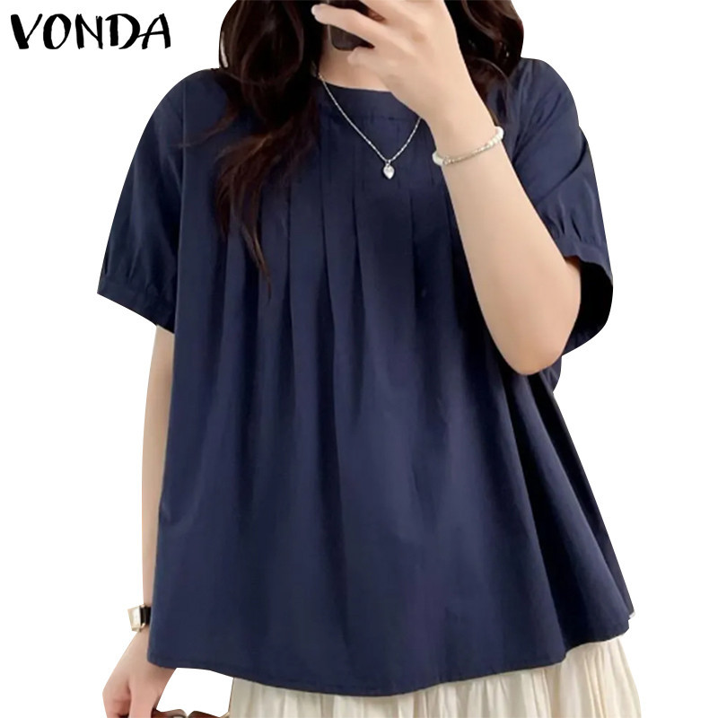 Vonda เสื้อเบลาส์คอกลมแขนสั้นแฟชั่นเกาหลีสีทึบ