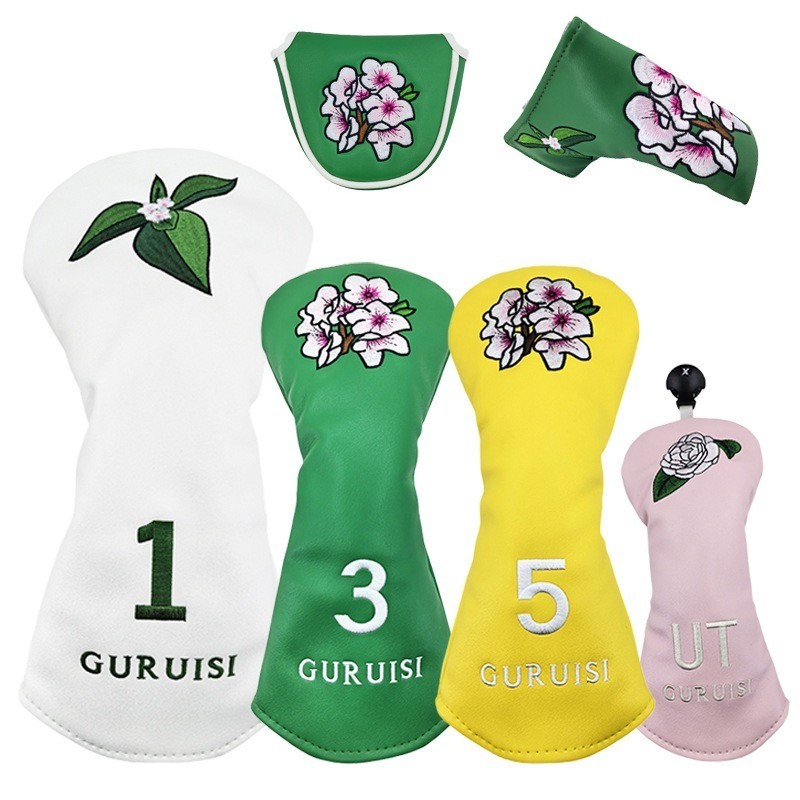 Flower Golf Wood Cover 1/3/5/UT Club Protective Cover Straight/ครึ่งวงกลม Putter Cover No. 1 ไม้แฟร์เวย์หมวกไม้ฝาครอบเหล็กไม้ไฮบริดฝาครอบป้องกัน