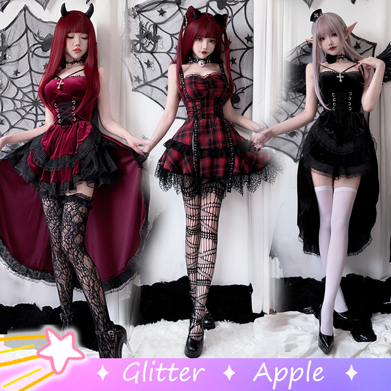 Devil Gothic สไตล์ Lolita ชุดผู้หญิงเซ็กซี่ฮาโลวีนคอสเพลย์เครื่องแต่งกายสีแดงสีดําลายสก๊อตชุด Dark แม่มดเสื้อผ้าชุด