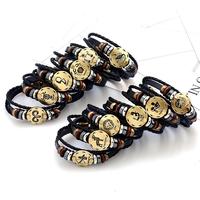 1ชิ้นวินเทจ12กลุ่มดาวสร้อยข้อมือหนังราศีถักเชือกกําไลสําหรับผู้ชายผู้หญิงของขวัญวันเกิดเครื่องประดับมือแฟชั่นอุปกร