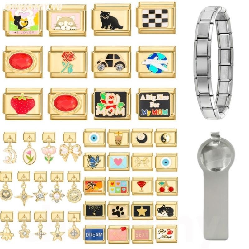 2024 ใหม่แฟชั่น Golden Bow Tie Love ทิวลิปดอกไม้ Charm อิตาเลี่ยน Links Fit 9 มม.สร้อยข้อมือเครื่องประดับสแตนเลส DIY ทําวันวาเลนไทน์สร้อยข้อมือ