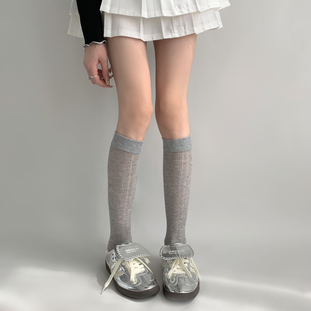Summer pure cotton plain color thin mesh hollow breathable college style JK knee and calf socks for women