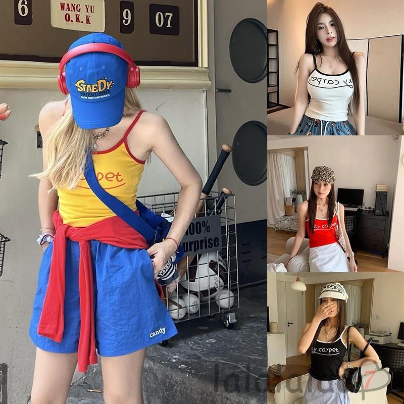Laa7-ผู้หญิง Camisole แขนกุดตัวอักษรพิมพ์ Slim Fit เสื้อกั๊กฤดูร้อน Clubwear พร้อมแผ่นรองหน้าอก