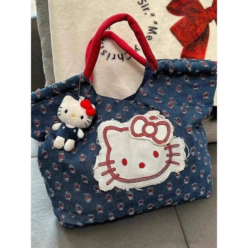 Zhongguo Hellokitty วินเทจ Denim Sticker กระเป๋าถือ 2024 บุคลิกภาพใหม่กระเป๋าถือ