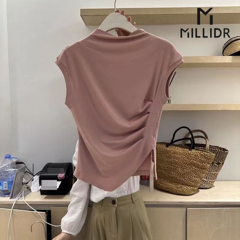 ออกแบบแฟชั่นจับจีบเสื้อยืดเข้ารูปใส่แล้วดูผอมคอสูงฤดูร้อนเสื้อแขนสั้นบริสุทธิ์