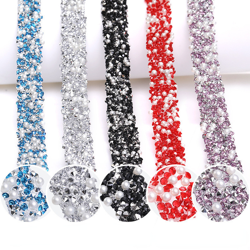12 มม.แถบตาข่ายเรซินแบบมีกาวในตัวเงาพร้อมเชือกหลอด Rhinestones คริสตัลมุกทรงกลมสําหรับตกแต่ง