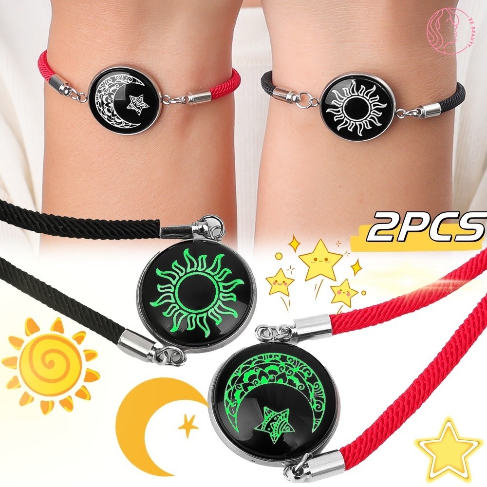 2 ชิ้น Luminous Sun Moon คู่สร้อยข้อมือเชือกถัก-ปรับบุคลิกภาพ Noctilucent สแตนเลสทอเพื่อนมือโซ่
