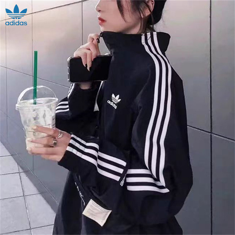 ปักโลโก้ Adidas Original Stand Collar Windbreaker Plain Jacket Unisex Windbreaker กีฬากลางแจ้ง Windb