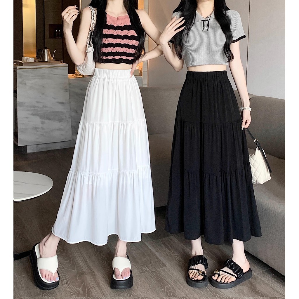 cherryshop พร้อมส่ง กระโปรงทรงเอไลน์ทรงมิดิสำหรับผู้หญิง เอวยางยืด ระบาย3ชั้น เนื้อผ้าอย่าง