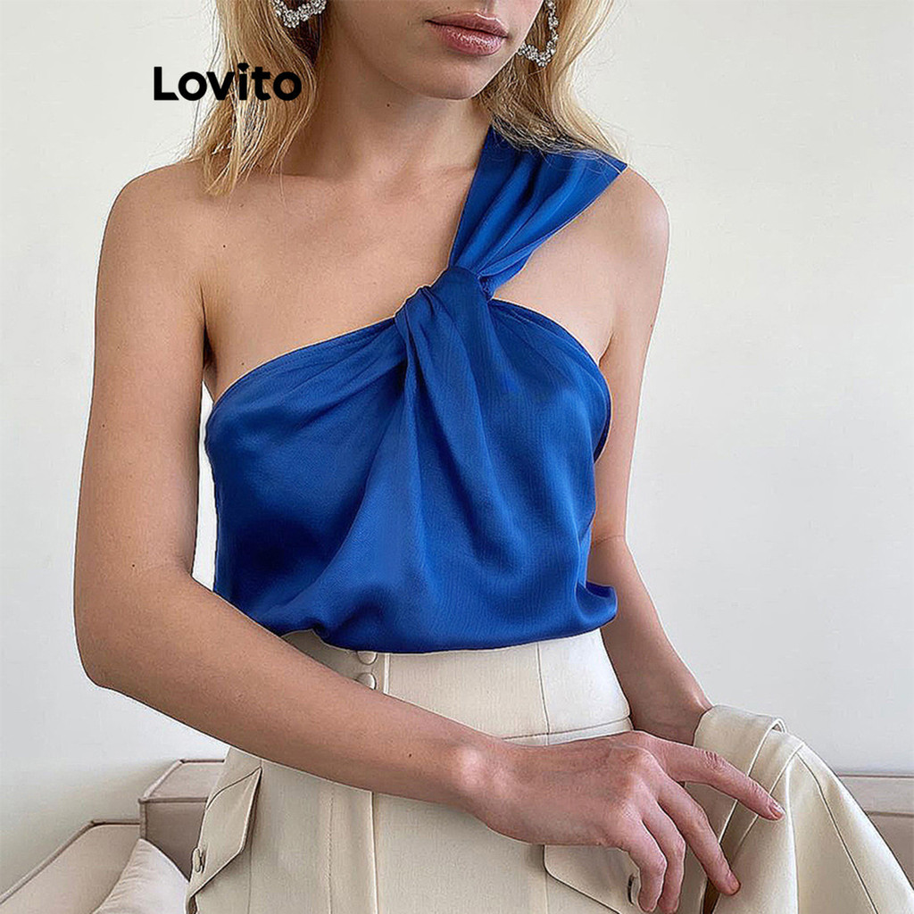 Lovito เสื้อเปิดไหล่ข้างเดียว แต่งปม สีพื้น สไตล์หรูหรา สำหรับผู้หญิง LNL37101 (สีรอยัลบลู/สีดำ)