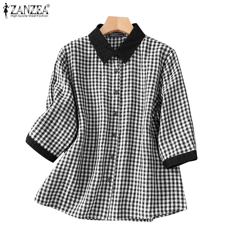 ZANZEA ซานเซีย ผู้หญิงปกเกาหลี3/4แขนสีคมชัดเย็บลายสก๊อตลายสก๊อตเสื้อหลวมท็อปส์
