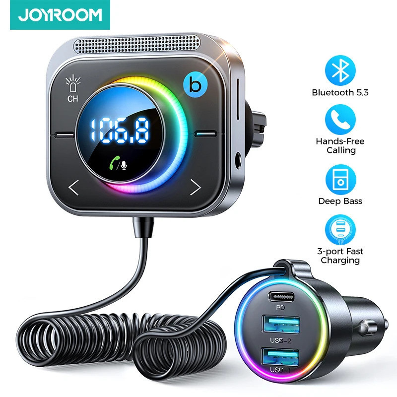 Joyroom บลูทูธ 5.3 เครื่องส่งสัญญาณ FM AUX รถอะแดปเตอร์เสียงเครื่องส่งสัญญาณ FM Bass Boost 3 พอร์ต P