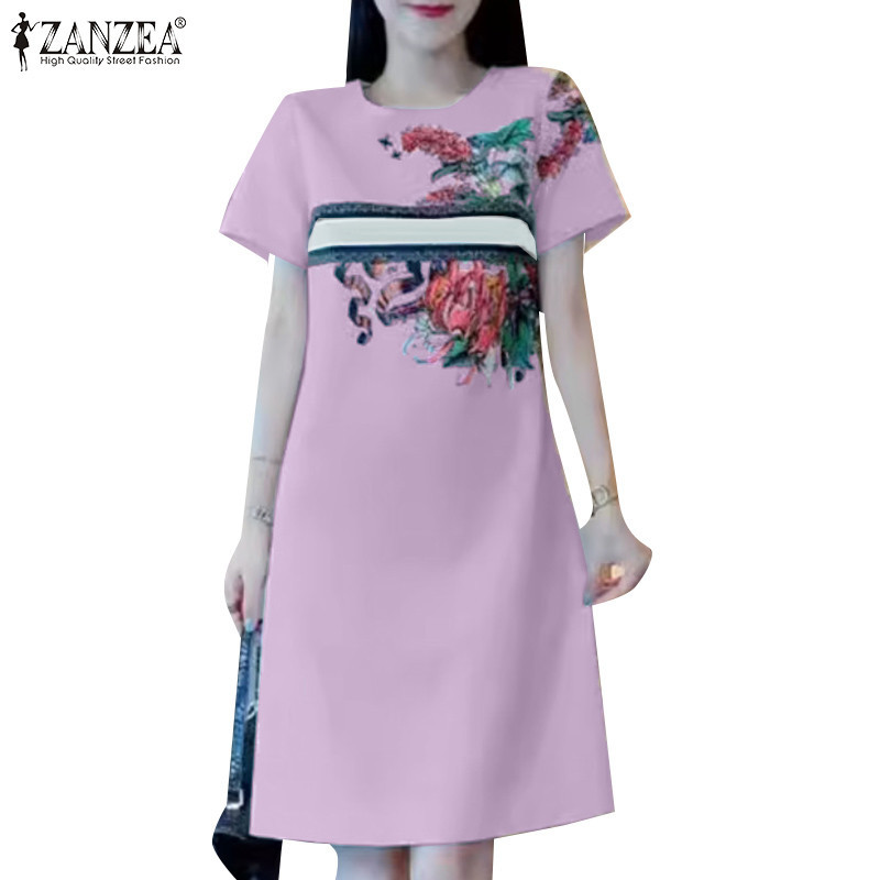 ZANZEA ซานเซีย ชุดเดรสคอกลมแขนสั้นลายดอกไม้ลําลองสําหรับผู้หญิงเกาหลี