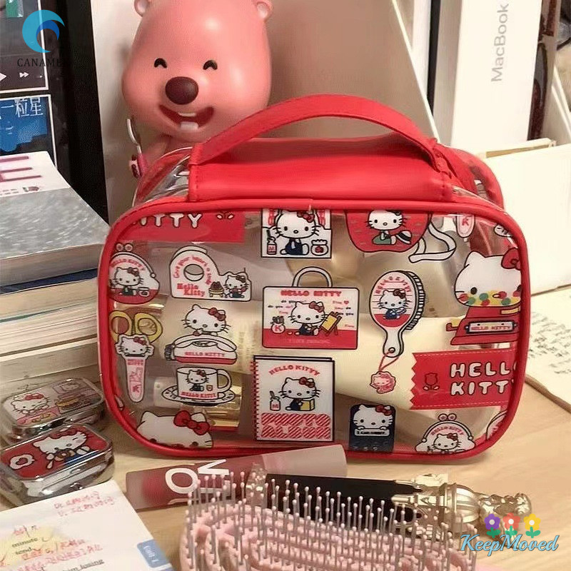 Keepmoving Hello Kittys PVC กระเป๋าแต่งหน้าใสการ์ตูนแบบพกพามือถือความจุขนาดใหญ่กระเป๋าเก็บสกินแคร์กันน้ําใหม่