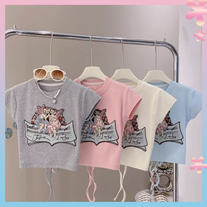 Girls2024Summer Design Print Short SleeveTT-shirt Children's Cartoon Backless Slim Fit Short Cotton Top