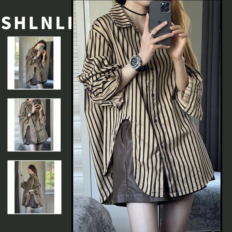 เสื้อเชิ้ตแขนยาวลายทางทรงหลวมสําหรับผู้หญิงฤดูใบไม้ผลิฤดูใบไม้ร่วง