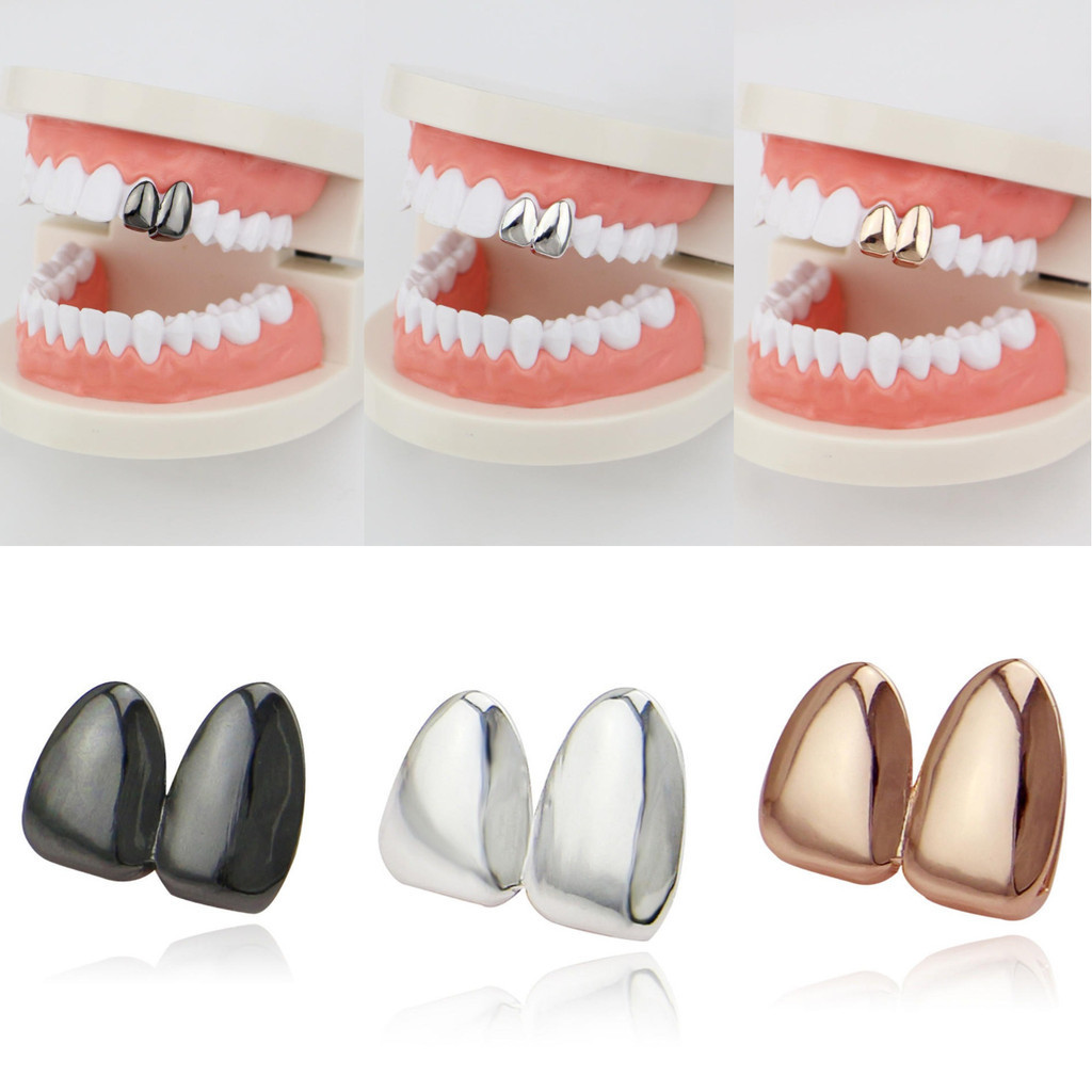 2pcs Hip Hop Gold จัดฟันฟันที่ถอดออกได้วงเล็บทองปลอมฟันด้านบนและด้านล่างสําหรับ Halloween Party Supplies