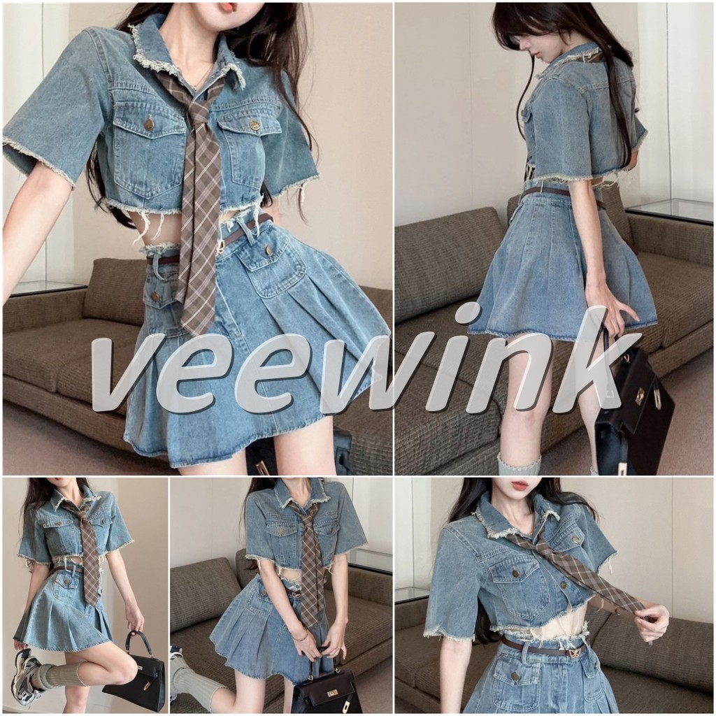 Veewink พร้อมส่งจากกทม ชุดเซ็ท2 ชิ้นเสื้อเชิ้ตแขนสั้นผ้ายีนส์+กระโปรงสั้นผู้หญิง ทำสีเก่าวินเทจจีบ