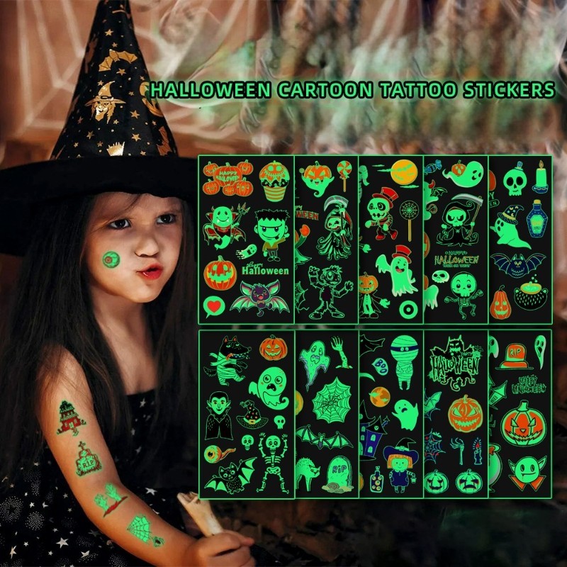 Luminous Tattoo สติกเกอร์เด็กฮาโลวีนเทศกาลตกแต่งเรืองแสงในที่มืดกันน้ําชั่วคราว Tattoo Body Art