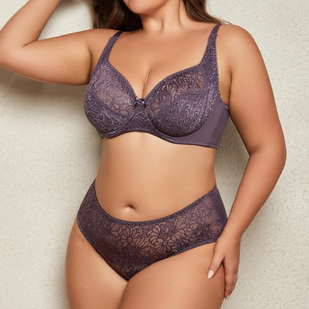 Parifairy ผู้หญิงชุดชั้นในขนาดบวกชุดลูกไม้ธรรมดาชุดชั้นในชุดบาง Unlined Underwire Bra และชุดกางเกง 38C-48E-7121#Set