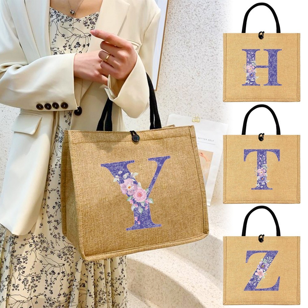 กระเป๋าหิ้วขนาดใหญ่จุกระเป๋ากันน้ำหญิงต้นฉบับแม่พิมพ์สิ่งแวดล้อมถุงผ้าลินินถุงช้อปปิ้งขนาดใหญ่ถุงดอกไม้สีม่วงชุด
