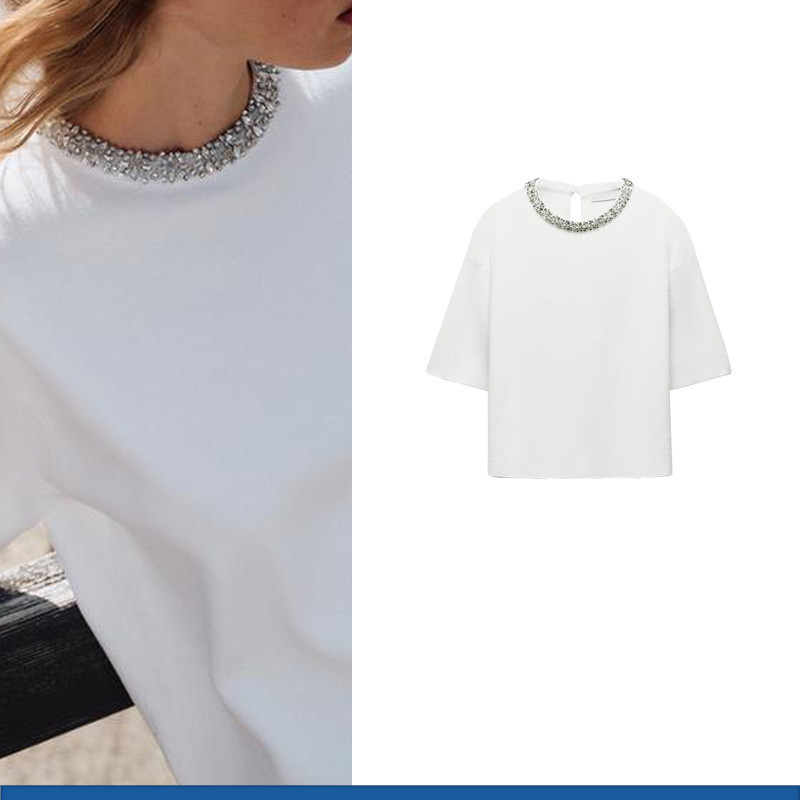 สินค้าใหม่คอกลมแขนสั้นคอไลน์เครื่องประดับฝังเสื้อถักเรียบง่าย 5755021