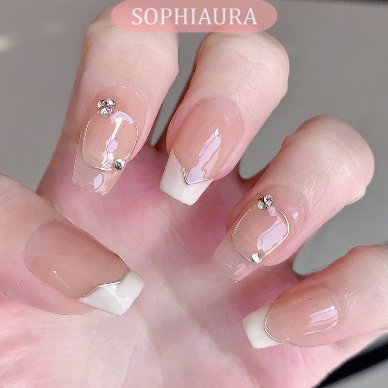 Sophiaura Minimalist Handmade เล็บปลอมสั้น Trapezoid รูปร่างสีขาว French Tip Natrual เล็บปลอมทําด้วยมือกดบนเล็บกาวเล็บเทียม