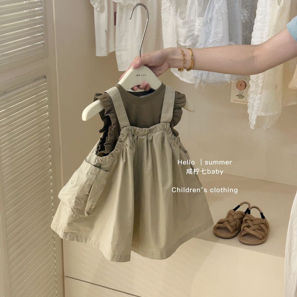 ชุดสูทเด็กผู้หญิง 2024 ผู้หญิง Baoyang Air Workwear Strb กระโปรง Flying Sleeve เสื้อยืด C 女童套装2024 หญิง休闲外套套8.18