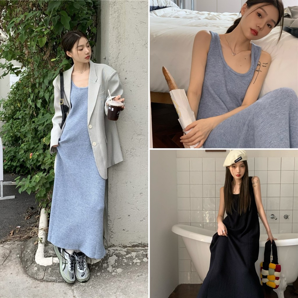 Hotgirl พร้อมส่ง ชุดเดรสผู้หญิง เดรสยาวแขนกุด แฟชั่น ผ้ายืดวาฟเฟิล อ่อนโยนชุดผู้หญิง คอกลม สไตล์เกาหลี
