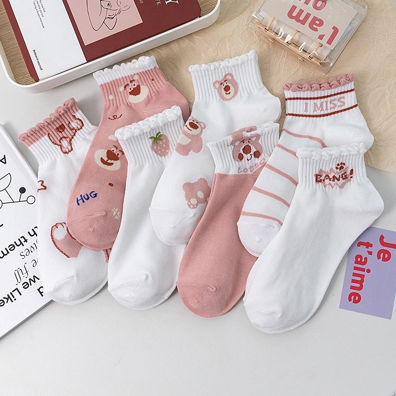 HOME818 ถุงเท้าข้อสั้น (5ลาย/10คู่) ถุงเท้าแฟชั่นเกาหลี หมีล็อตโซ่ เนื้อผ้านุ่มงานถักอย่างดี B62