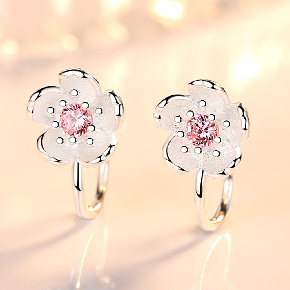925 เงินสเตอร์ลิงสไตล์เกาหลีคริสตัล Cherry Blossom ดอกไม้คลิปบนต่างหูโดยไม่ต้องเจาะสําหรับสาวหวานหูคลิป ราคา ถูกที่สุด ดีลบีเคเค แกลเลอรีภาพที่ 4