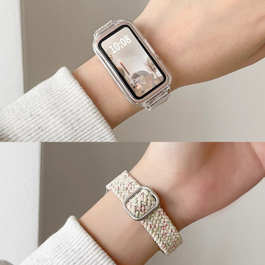 สายรัดไนลอนแบบปรับได้พร้อมเคสสําหรับ Redmi Smart Band 3 2 สมาร์ทวอท์ชสร้อยข้อมือยืดหยุ่นสําหรับ Xiaomi Smart Band 9 Active / 8 Active Braided Solo Loop สายรัดข้อมือ - รูปที่ 2