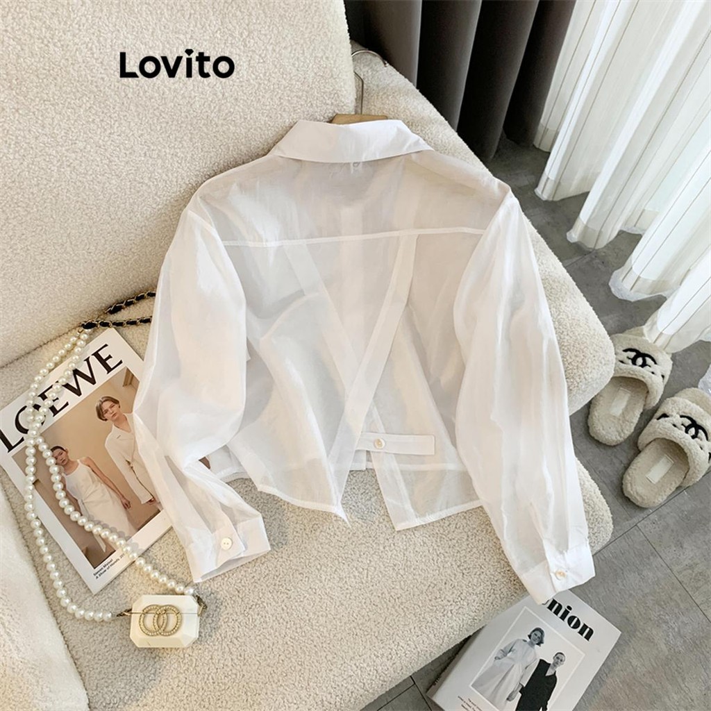 Lovito เสื้อเบลาส์ผู้หญิง แต่งผ่าหลัง สีพื้น สไตล์หรูหรา LNE67220
