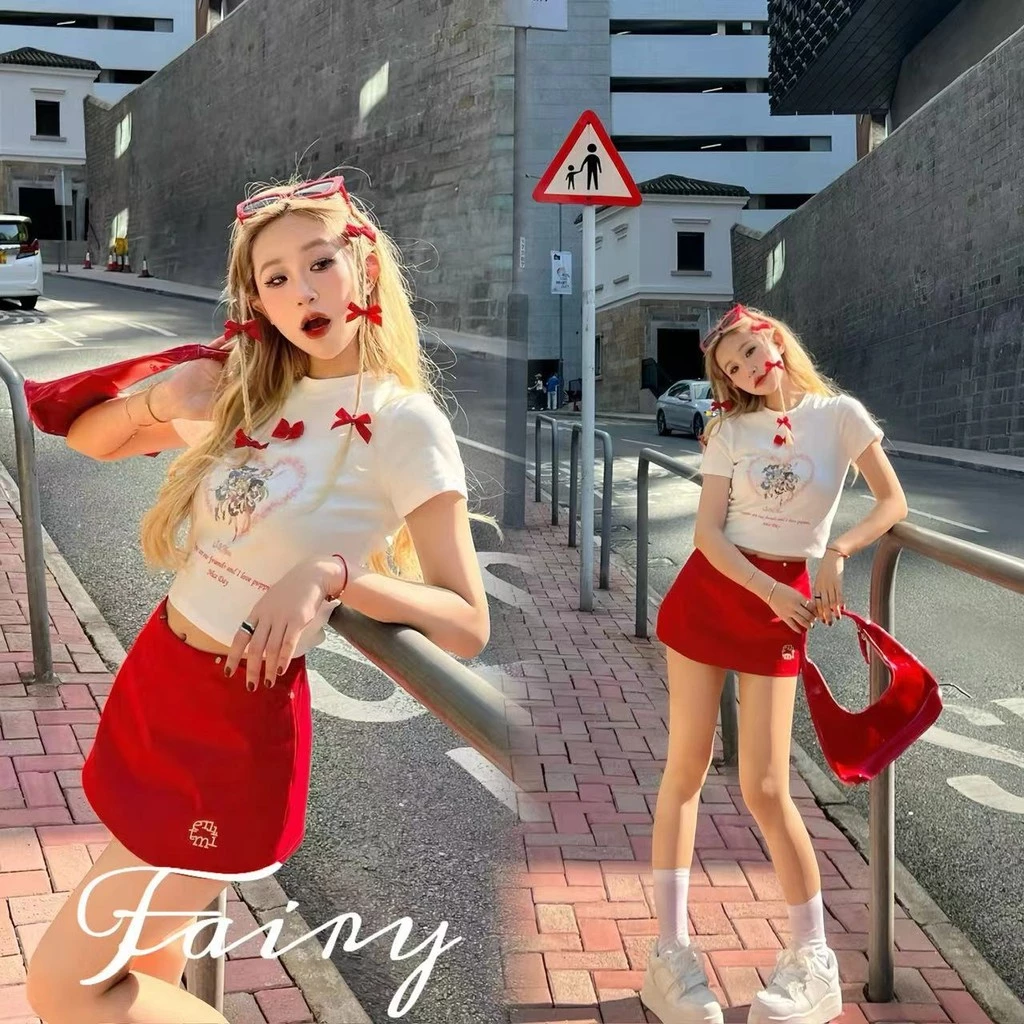 Fariy🍒คลังสินค้าพร้อม🍒 กระโปรงหางเกงเอวกลางเกงสีแดงสดใส ใส่ง่าย