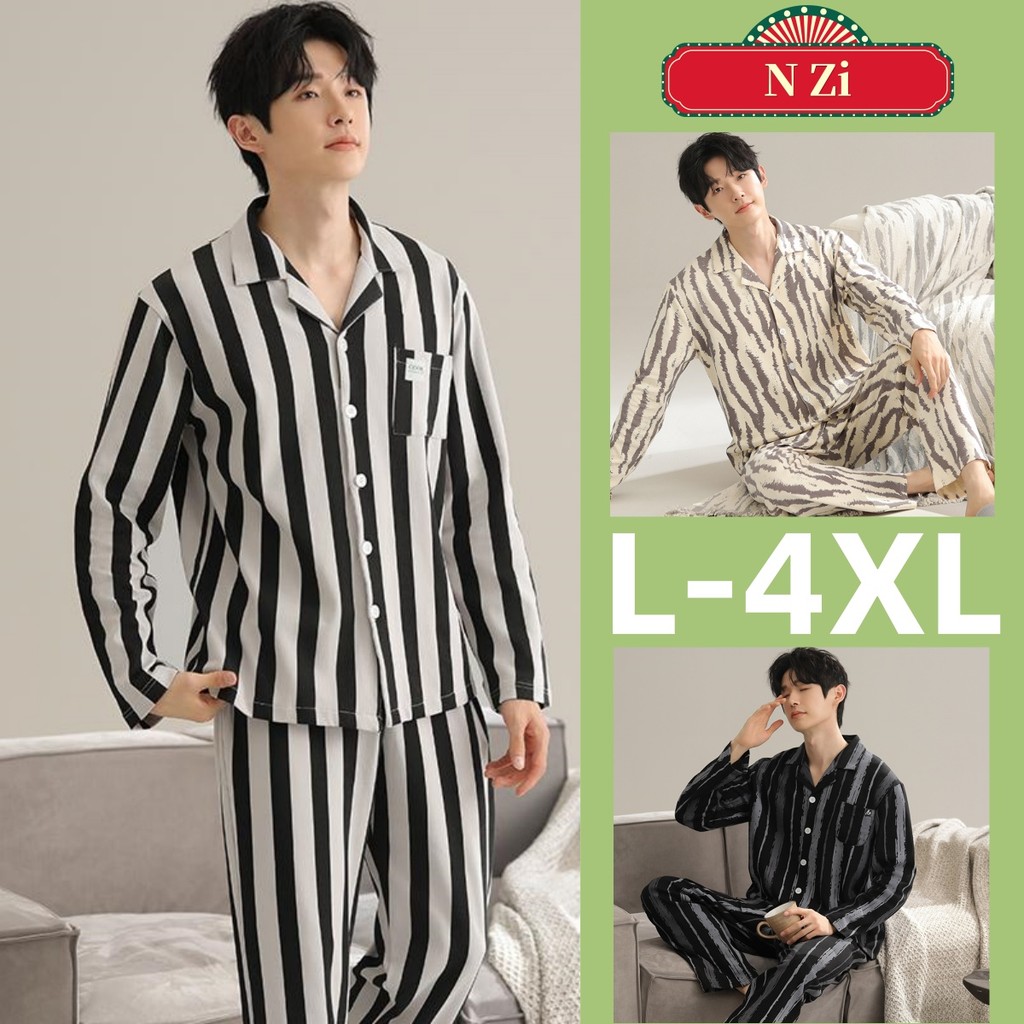 Plus ขนาดชุดนอนผู้ชายผ้าฝ้าย L-4XL ชุดนอนชุดฤดูใบไม้ร่วงฤดูหนาวเกาหลีรุ่นแขนยาวชุดนอน Man ลายหลวม Loungewear