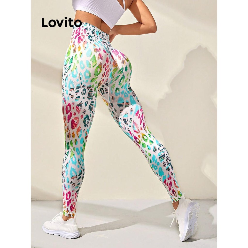 Lovito เลกกิ้งกีฬาพิมพ์เสือดาวสปอร์ตสำหรับผู้หญิง LNL77131