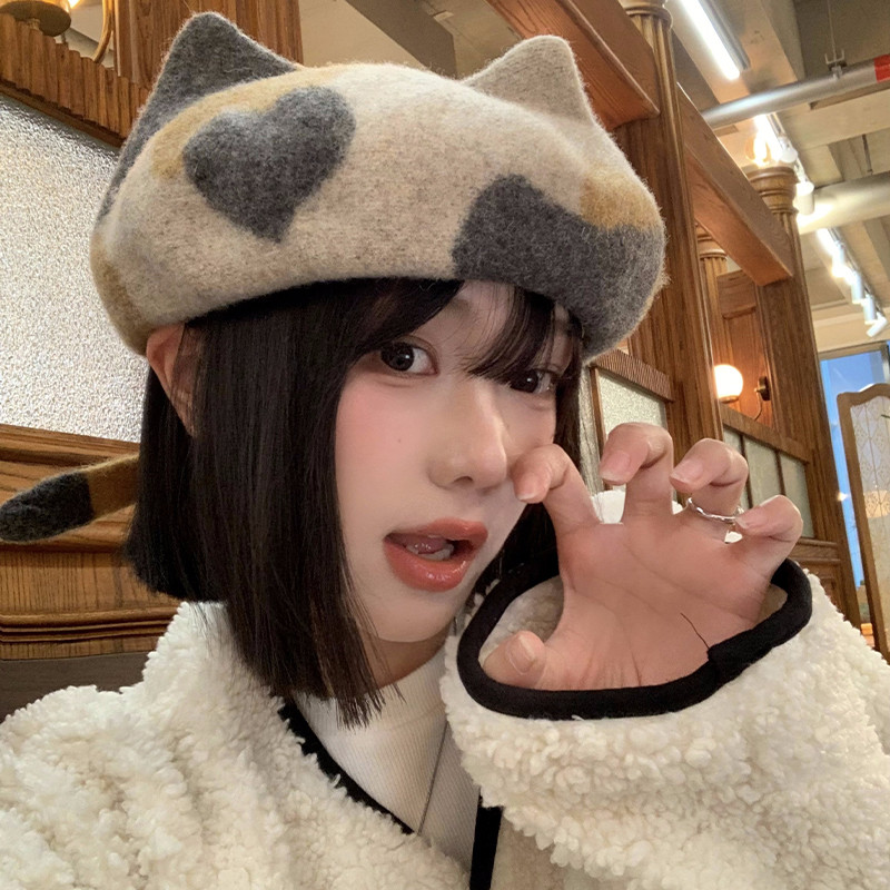 ญี่ปุ่นหวานน่ารักหูแมวทําด้วยผ้าขนสัตว์หมวกเบเร่ต์หญิงฤดูใบไม้ร่วงฤดูหนาวทุกการแข่งขันอบอุ่นจิตรกรหมวกใบหน้าขนาดเล็กหมวก