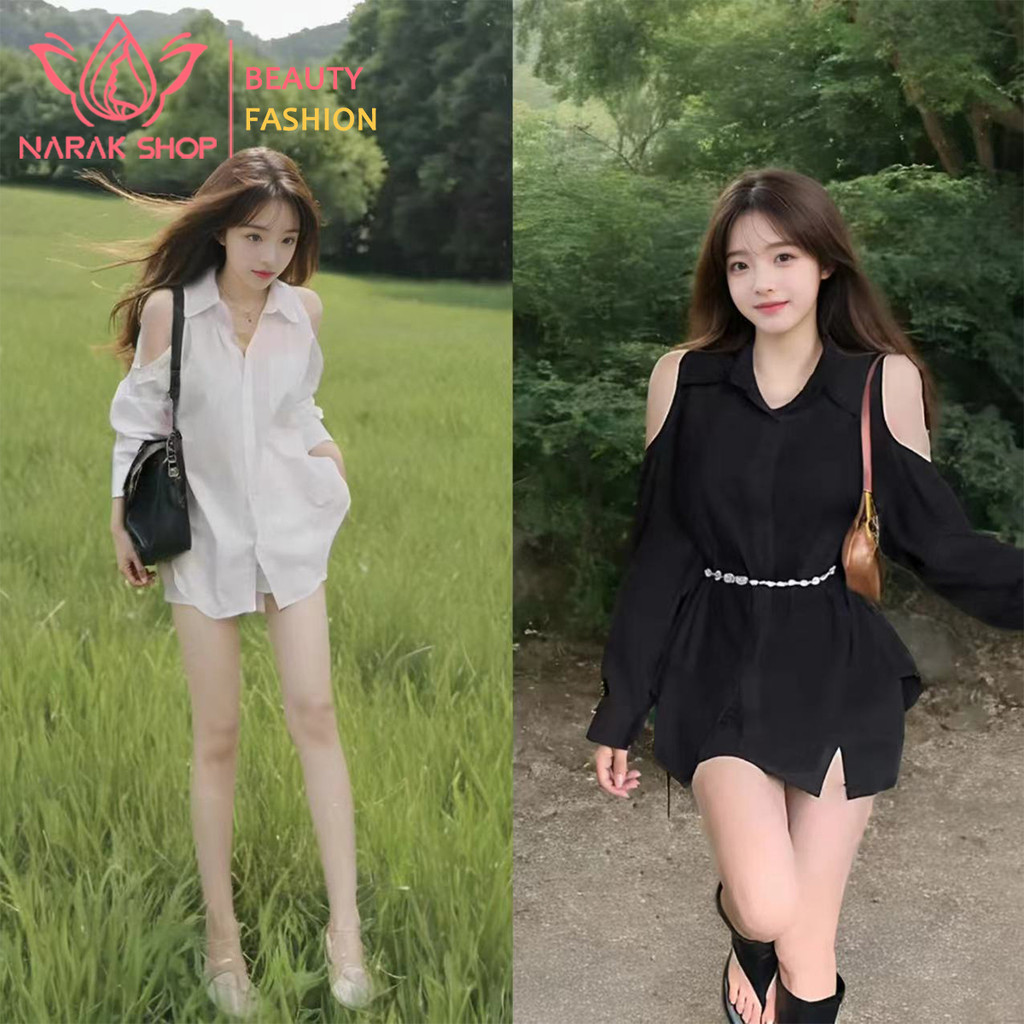 เสื้อเชิ้ตผู้หญิงดีไซน์เปิดไหล่แขนยาว คอปกใหม่
