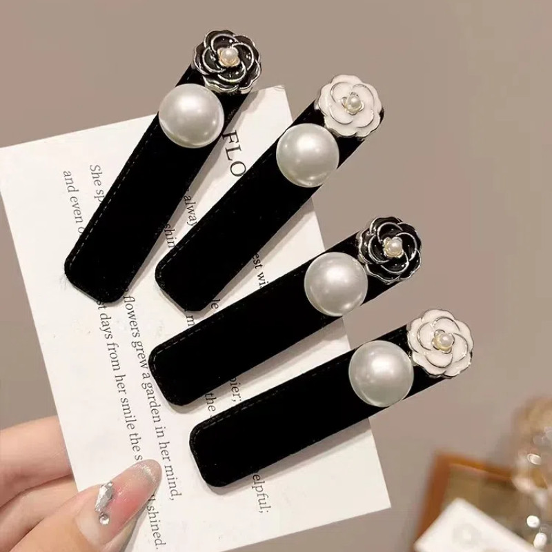 Retro Pearl Camellia Hairpin Flocking Temperament Girl Bangs Clip