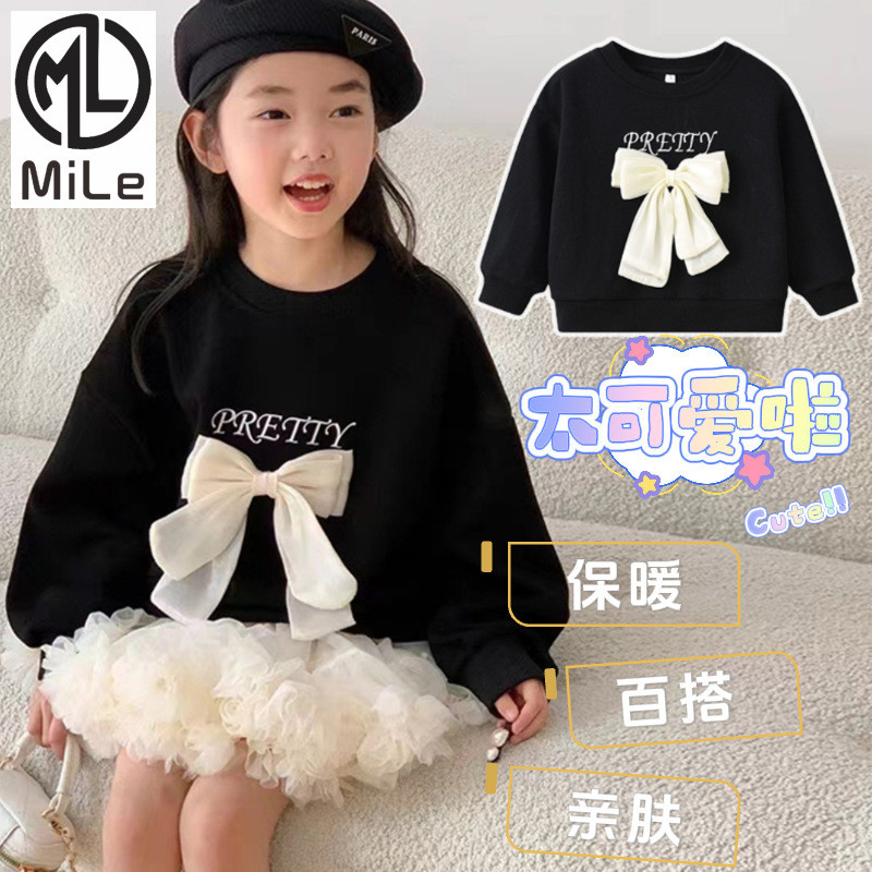 [มล] 90-140ซม สาวเสื้อกันหนาวฤดูใบไม้ร่วงสไตล์ใหม่เด็กโบว์แขนยาวคอกลมเสื้อยืดหวานสบายๆด้านบนสาวฤดูใบไม้ร่วงฤดูหนาวเสื้อผ้า