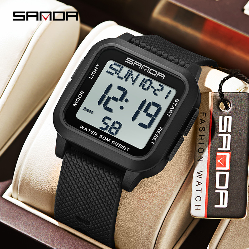 Sanda Square นาฬิกาสีทึบ Retro อินเทรนด์ Night Light กันน้ําอิเล็กทรอนิกส์นาฬิกาผู้ชาย SD2194-2
