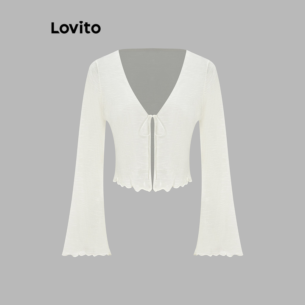 Lovito เสื้อคาร์ดิแกนแขนทรัมเป็ตลูกไม้ธรรมดาสำหรับผู้หญิง L97AD123