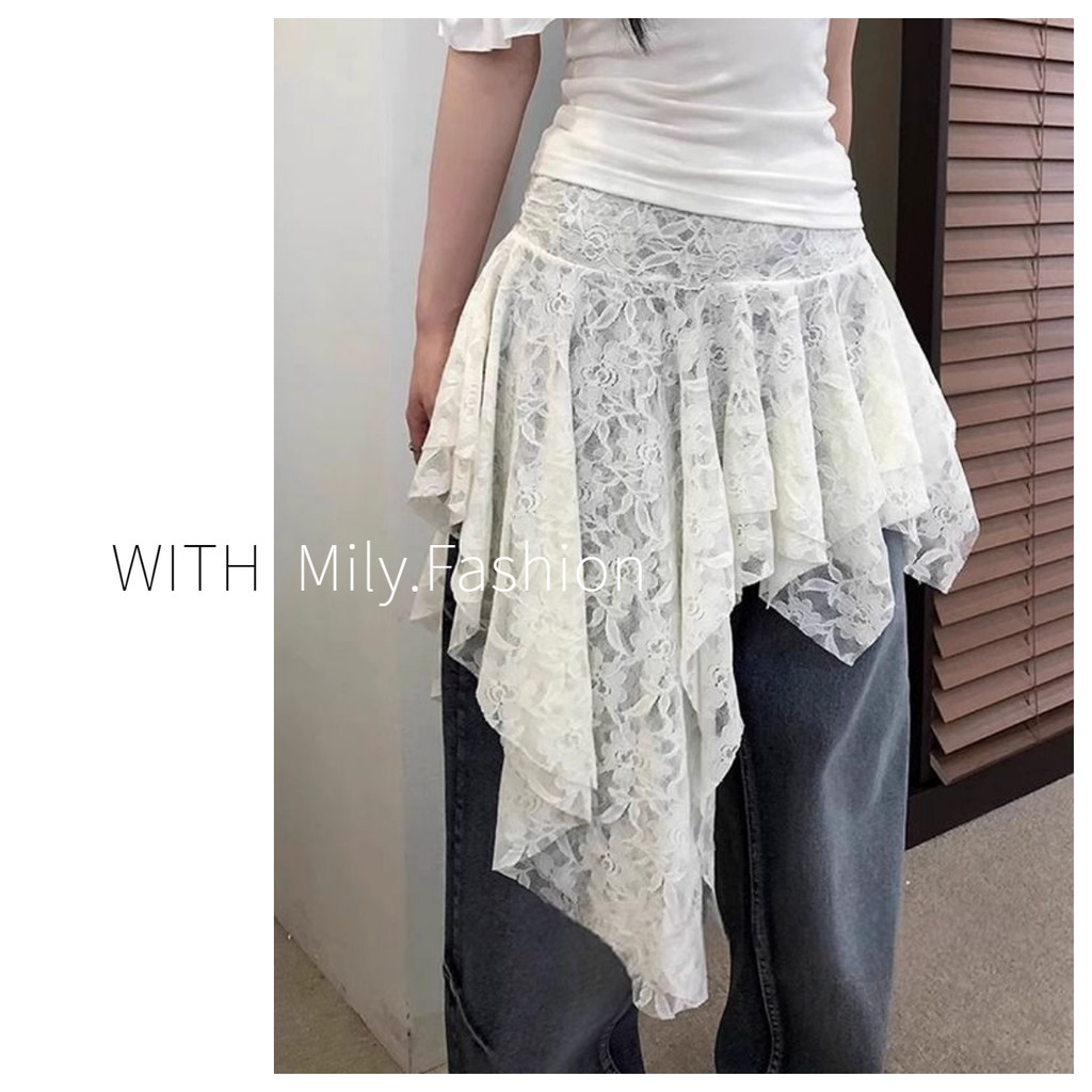 Milyfashion กระโปรงลูกไม้ไม่สม่ำเสมอออกแบบเฉพาะกลุ่มกระโปรงลำลองกระโปรงสั้นแมทช์ลุคง่าย