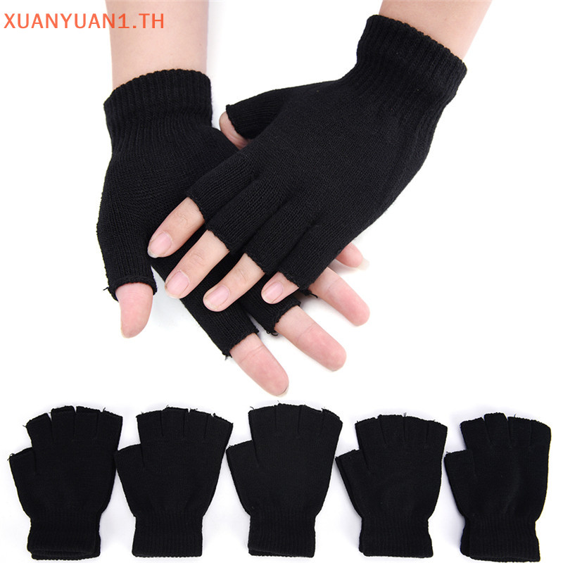 Xuan Chic Men สีดําถักยืดยืดหยุ่น Warm Half Finger Fingerless ถุงมือฤดูหนาว TH