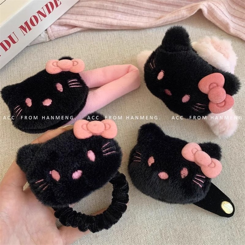 ฤดูใบไม้ร่วงและฤดูหนาวสาวหวานสีดํา Hello Kitty ตุ๊กตาลําไส้ขนาดเล็ก Hairband หญิงหางม้าถักเชือกผมหนัง Tendon Tie เชือกหัว
