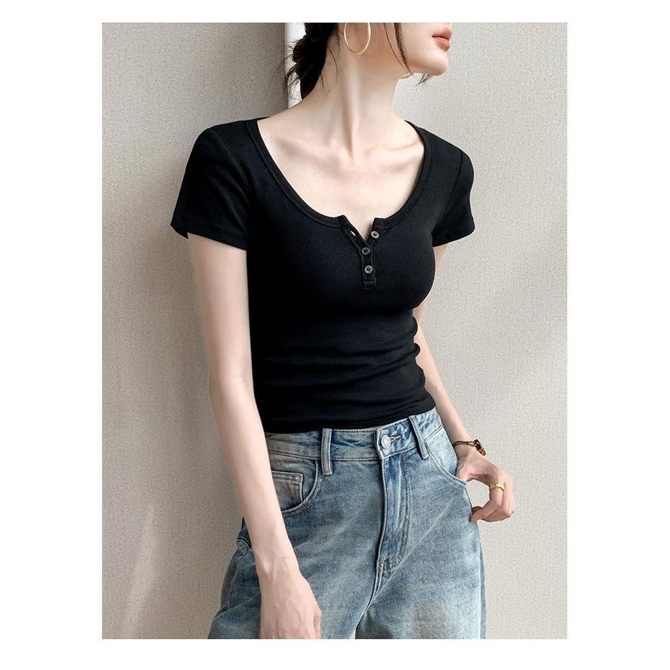 cherryshop🍒พร้อมส่ง เสื้อยืดผู้หญิง เสื้อซินเทจ คอกลมแขนสั้น ดีไซน์กระดุม สีพื้น สไตล์เกาหลี - รูปที่ 7